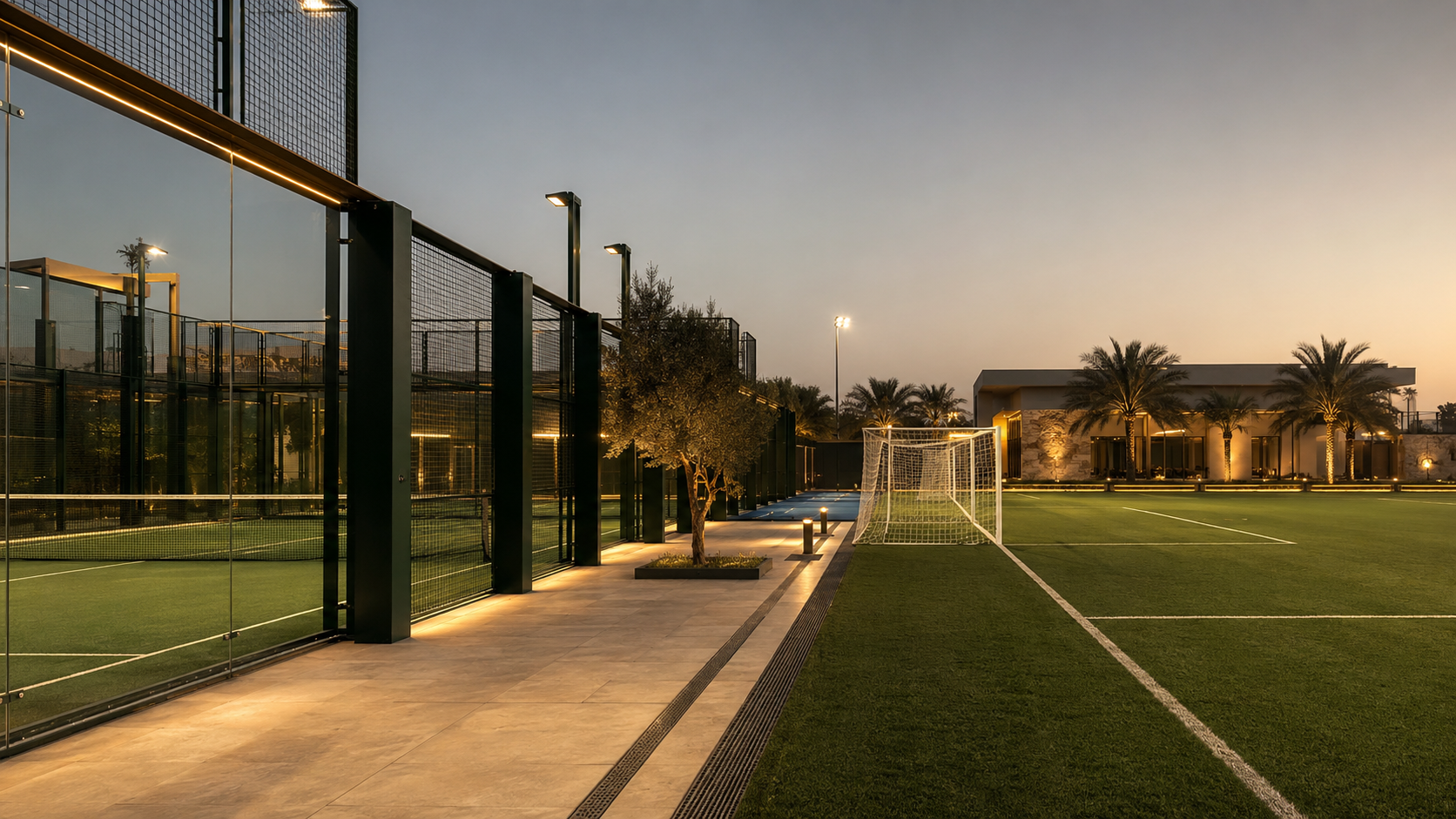 Architectural concept of a multi-sport venue at dusk